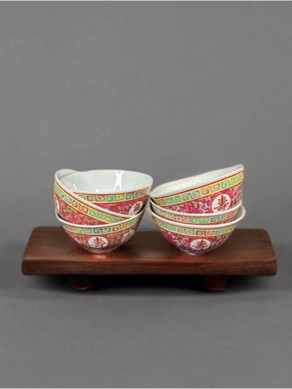 Set of 6 Vintage Chinese Mun Shou Floral Design Porcelain Rice Ceramic Bowls.
